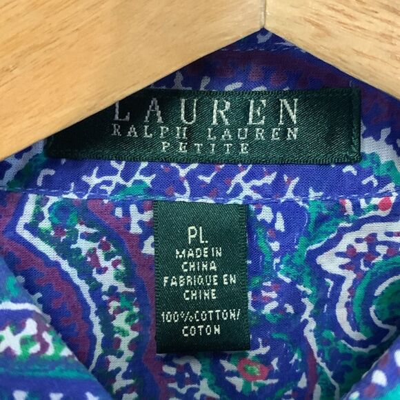 Lauren Ralph Lauren Purple Paisley 3/4 Sleeve Collared Button Up Top Size PL - Picture 5 of 10